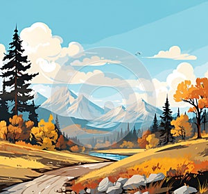 Autumn landscape with moutain cloud and blue sky with forest yellow foliage,illustration cartoon Fall season with banner