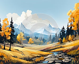 Autumn landscape with moutain cloud and blue sky with forest yellow foliage,illustration cartoon Fall season with banner