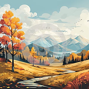 Autumn landscape with moutain cloud and blue sky with forest yellow foliage,illustration cartoon Fall season with banner