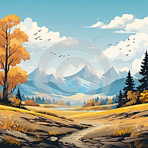 Autumn landscape with moutain cloud and blue sky with forest yellow foliage,illustration cartoon Fall season with banner