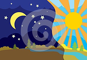 Autumn landscape at night and day, moon, sun, weather, cartoon illustration, vector illustration