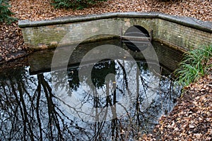 Autumn landscape with old stone bridge of pond in Tiergarten public park of Berlin Germany. Blurry reflection of bare trees