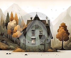 Autumn landscape with old wooden house in the forest