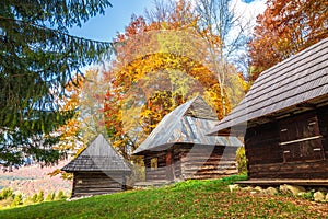 Autumn landscape with orange colored tree and wooden cottages