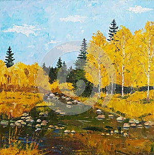 Autumn landscape. Painting on canvas with oil paints.