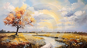 Autumn Landscape Painting With Tree - Golden Light And Romantic Riverscapes photo