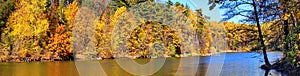 Autumn landscape, panorama, banner - view of lake with reflection in the water of autumn trees