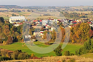 Autumn landscape with a panorama of the town of Bodzentyn, Swietokrzyskie province, Poland.