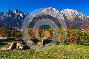 Autumn landscape and Prahova valley with Bucegi mountains, Carpathians, Romania
