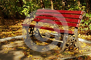 Autumn landscape. Red bench and colored leaves in a park. Tranquility. Autumn background