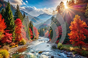 Autumn Landscape with Red Leaves and River in Mountains