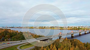 Autumn Landscape Riga, Latvia. View From Owerdaugava, Dienvidu Bridge, South Bridge. Daugava River and Television Tower