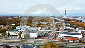 Autumn Landscape Riga, Latvia. View From Owerdaugava, Dienvidu Bridge, South Bridge. Daugava River and Television Tower