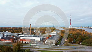 Autumn Landscape Riga, Latvia. View From Owerdaugava, Dienvidu Bridge, South Bridge. Daugava River and Television Tower