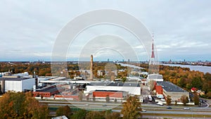 Autumn Landscape Riga, Latvia. View From Owerdaugava, Dienvidu Bridge, South Bridge. Daugava River and Television Tower