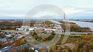 Autumn Landscape Riga, Latvia. View From Owerdaugava, Dienvidu Bridge, South Bridge. Daugava River and Television Tower