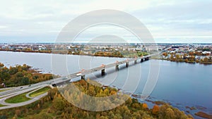 Autumn Landscape Riga, Latvia. View From Owerdaugava, Dienvidu Bridge, South Bridge. Daugava River and Television Tower