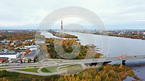 Autumn Landscape Riga, Latvia. View From Owerdaugava, Dienvidu Bridge, South Bridge. Daugava River and Television Tower