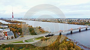 Autumn Landscape Riga, Latvia. View From Owerdaugava, Dienvidu Bridge, South Bridge. Daugava River and Television Tower