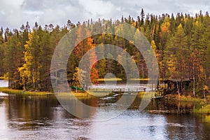 Autumn landscape with river and colorful forest in Kuusamo, Oulanka national park