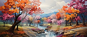 Autumn landscape with river and colorful trees. Digital oil color painting illustration