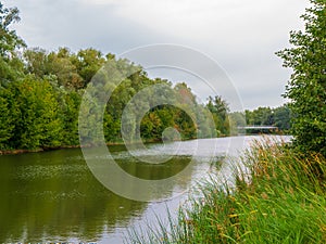 Autumn landscape of river and trees. Riverside landscape.