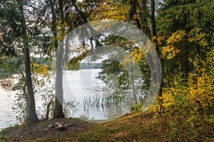 Autumn landscape of river Vyacha and her banks and forest