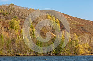 Autumn landscape,   river, windy weather, dark blue water, yellow-red autumn leaves on trees, last warm days