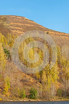 Autumn landscape,  river, windy weather, dark blue water, yellow-red autumn leaves on trees, last warm days