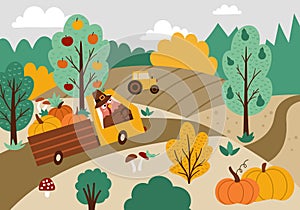 Autumn landscape scene with fields, harvest, nature, turkey driving truck. Comic Thanksgiving card with cute bird, pumpkins.