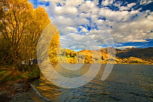 Autumn landscape scenery in Otago with lake Lake Hayes near village Arrowtown, road trip from Queenstown to Wanaka