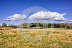 Autumn landscape sloping meadow on a background of forest and mountains