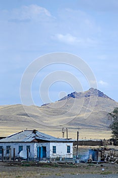 Autumn landscape, steppe with mountains. prairie, veld, veldt. a