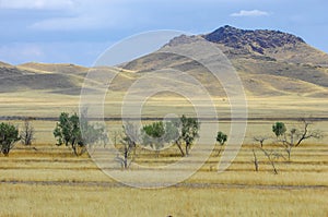 Autumn landscape, steppe with mountains. prairie, veld, veldt. a