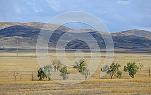 Autumn landscape, steppe with mountains. prairie, veld, veldt. a photo
