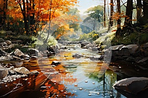 Autumn landscape with a stream in the forest. Panorama. Generative AI Generative AI