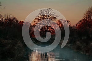 Autumn landscape, sunrise on the river Kudma