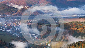 Autumn landscape Time lapse, Hills and villages with foggy morning, Slovakia