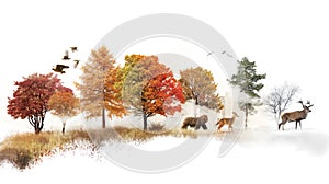 Autumn landscape transitioning to winter with colorful trees, a bear, deer, and flying birds