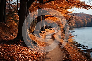 autumn landscape of a tree-lined path with golden treetops