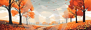 Autumn landscape with trees falling yellow leaves. Autumn panorama background. Vector illustration