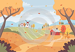 Autumn landscape with trees, fields, houses and windmill. Countryside landscape. Vector illustration in flat style