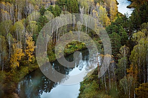 Autumn landscape: trees, river, view from a height