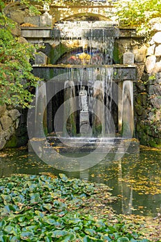 Autumn landscape. Trees with yellow, orange and red leaves. Golden autumn. Pond in the park