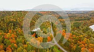 Aerial View of Autumn Landscape View of the Autumn Bright Multi-colored Trees, Green, Orange and Reddish Tint.