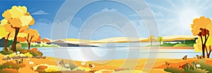 Autumn landscape at village by the river with grass land and mountain with blue sky and clouds, Vector Cartoon Autumnal Panoramic