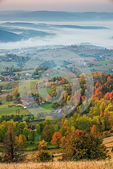 Autumn landscape with village, Slovakia.