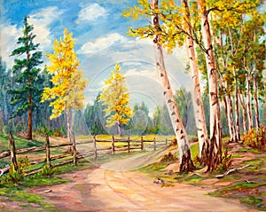 Autumn Landscape with White Birch Trees Oil Painting