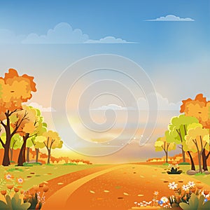 Autumn landscape wonderland forest with grass land, Mid autumn natural with maples leaves falling in orange foliage, Fall season