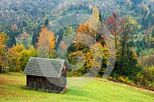 Autumn landscape with a wooden hut